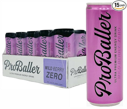 ProBaller Ultra Premium Zero Sugar Energy Drink - Natural & Clean NSF Certified Sport Drink with Amino Acids, Taurine, Biotin, Vitamin B 12 Methylcobalamin, & Electrolytes - 15 Pack - Wild Berry