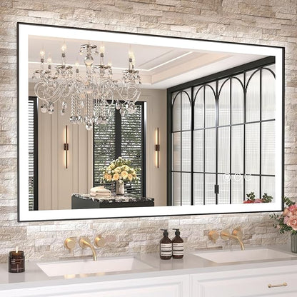 Amorho LED Bathroom Mirror with Black Frame, 48" X30" Front Light and Backlit(Controlled Separately), Stepless Dimmable, Anti-Fog, Shatter-Proof, 3 Colors, Memory