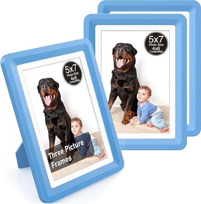 Blue 5x7 Picture Frame with Acrylic Front 3 Pack, ABS Frame for 5x7 or 4x8 Photos, Shatterproof UV-Resistant Tabletop Photo Frame, Vertical/Horizontal Display for Home Décor