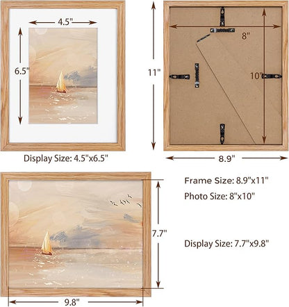 Natural Oak 8x10 Picture Frames Set of 3, Solid Oak Wood Frame, Matted to 5x7, Tempered Glass, Wall & Tabletop, 3 Pack