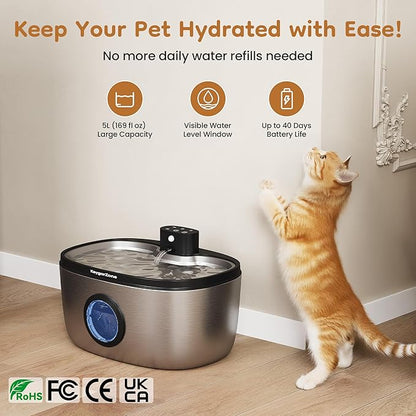 Wireless Cat Water Fountain Stainless Steel: 5L Stainless Steel Pet Water Fountain for Cats & Dogs Indoor, Automatic Battery Operated Cat Water Fountain, Ultra-Quiet Cat Water Dispenser with Filter