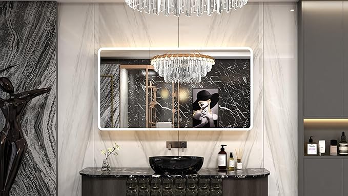 60×32 Inch Lighted Medicine Cabinet with Mirror, RGB Backlit LED Medicine Cabinet with 3-Color Front Lights, Bathroom Mirrored Cabinet with Electrical Outlet, Defogger, Three Door