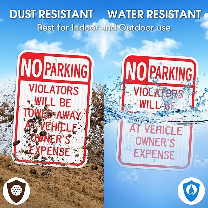 T&R (4 Pack) Large No Parking Sign, Violators Will Be Towed Away at Vehicle Owner's Expense Sign, 18" x 12" Engineer Grade Reflective Sheeting, Rust Free Aluminum, Weather Resistant, Waterproof, Fade Resistant, 2 Pre-drilled Holes