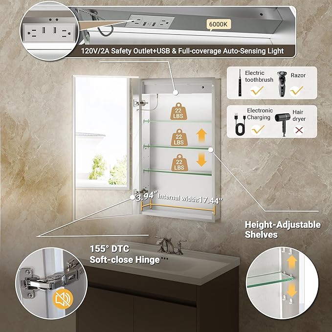 20x32 Medicine Cabinet Mirror with Double Lights & Clock, Front+Backlit Surface or Recessed Fogless Lighted Medicine Cabinet Mirror, 155°Soft-close Right Hinge,Time-Display,Outlet,Inner Light
