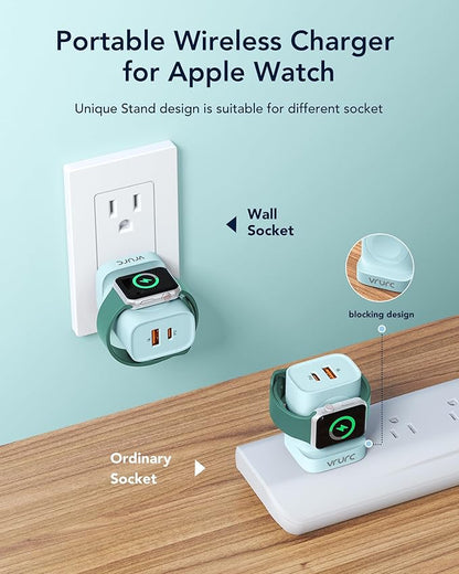 VRURC for Apple Watch Charger, Wireless Magnetic Portable iWatch Charger, PD 20W 3-in-1 Travel Essentials Fast Charging Block for iWatch Ultra/SE/11/10/9/8/7/6/5,iPhone 17/16/15/14/13 etc-Green
