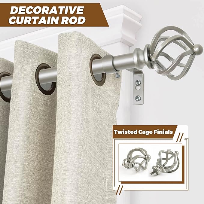 KAMANINA 2 Pack Curtain Rods 32 to 58 Inches (2.6-4.8ft), 3/4 Inch Curtain Rods for Windows Splicing Adjustable Single Drapery Rod with Twisted Cage Finial, for Indoor and Outdoor, Antique Silver