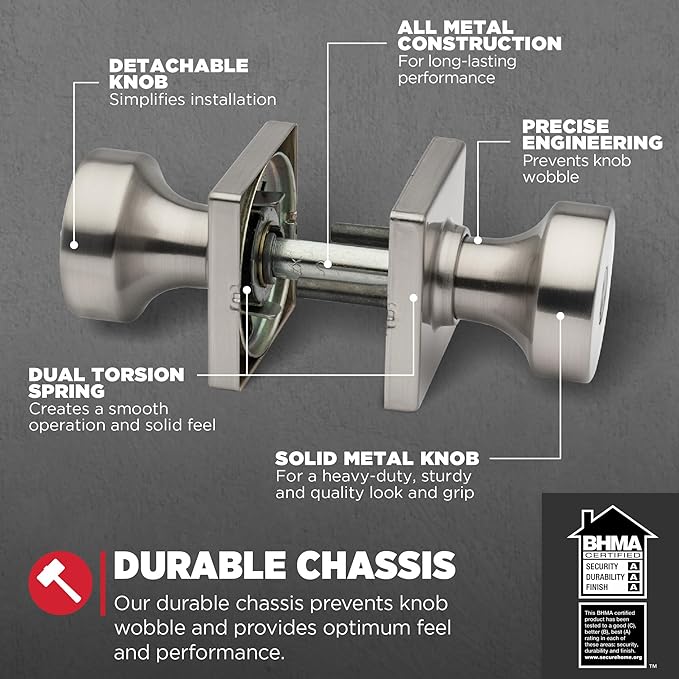 Kwikset Pismo Entry Door Knob with Lock and Key, Secure Keyed Handle Exterior, Front Entrance and Bedroom, Satin Nickel, 4 Pack, Pick Resistant SmartKey Rekey Security and Microban