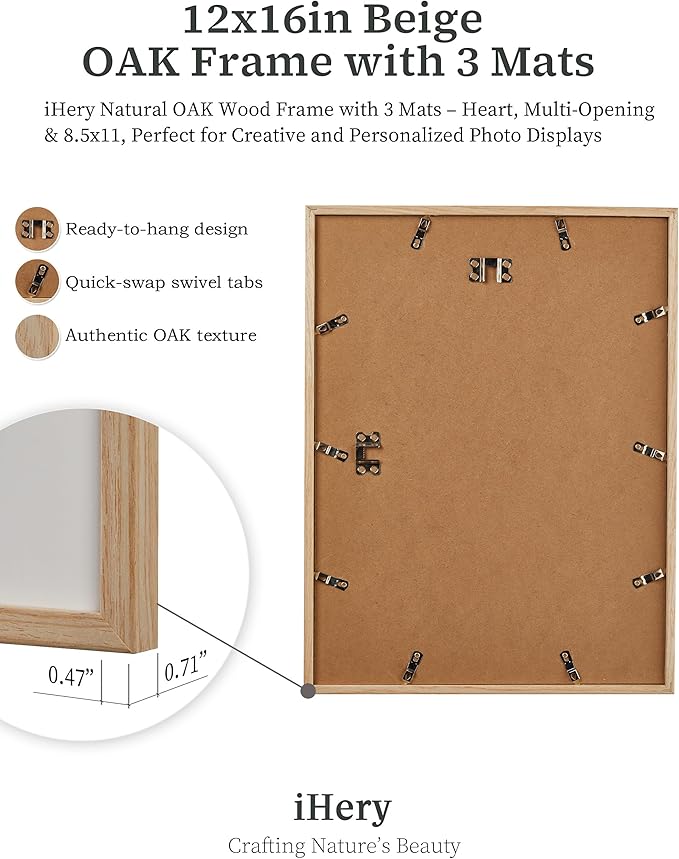iHery Standard 12x16in Natural OAK Wood Picture Frames Collage For Wall Decor, Includes 3 Mats (Heart, 4x6/5x7 Multi-Opening, 8.5x11), DIY Gallery Photo Display For Family Mom, Birthday Gift 1Pack