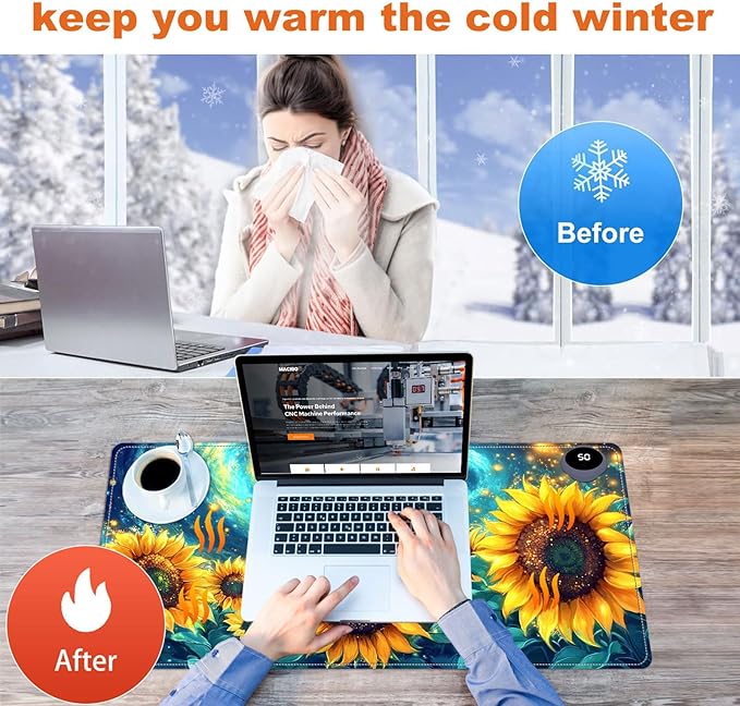 Small Heated Desk Pad 23.6" x 14.2" – Compact Electric Mouse Pad with 3 Heating Levels, Auto Shut-Off, Waterproof PU Surface, Plug-in Warmer for Office or Home Use, Starry Sunflowers