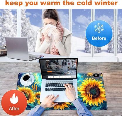 Small Heated Desk Pad 23.6" x 14.2" – Compact Electric Mouse Pad with 3 Heating Levels, Auto Shut-Off, Waterproof PU Surface, Plug-in Warmer for Office or Home Use, Starry Sunflowers