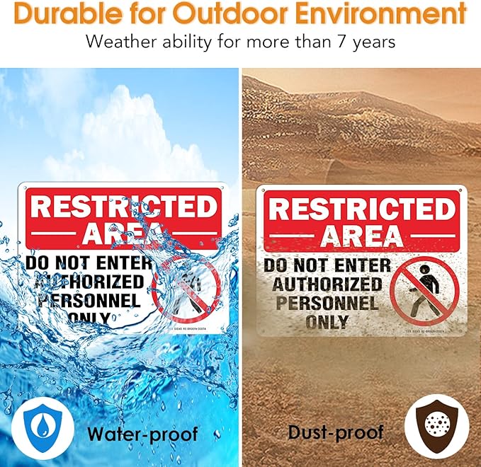 Restricted Area Do Not Enter Authorized Personnel Only Sign - 4 Pack - 10 x 7 Inches Rust Free .040 Aluminum - UV Protected, Waterproof, Weatherproof and Fade Resistant - 4 Pre-drilled Holes