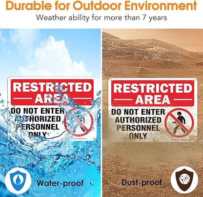 Restricted Area Do Not Enter Authorized Personnel Only Sign - 4 Pack - 10 x 7 Inches Rust Free .040 Aluminum - UV Protected, Waterproof, Weatherproof and Fade Resistant - 4 Pre-drilled Holes