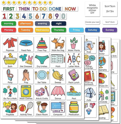 Magnetic Visual Schedule for Kids – Daily Routine & Chore Chart with 100+ Picture Magnets for Toddlers, Autism & ADHD, for Home Use, Morning and Bedtime Routines
