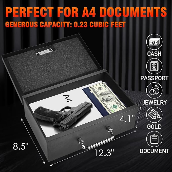 TOTOY Portable Fireproof Document Box with 3-digit Combination Lock, Safe Box for Valuables, Hand Held Storage Lock Box for Documents, Passport, Cash, Tablet