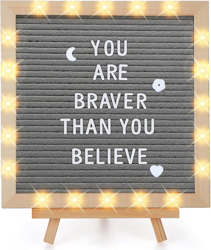 Changeable Felt Letter Board with LED Lights - 10×10" Message Custom Signs & Wood Stand & 450 Letters, Poster Board for Valentine's Day/Baby/Pregnancy Announcement/Classroom Wall Decor Gifts, Grey
