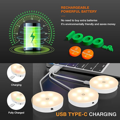 Puck Lights with Remote Control,1000mAh Rechargeable Under Cabinet Lighting,3Pack LED Closet Tap Light,Cordless Stick On Lights for Under Cabinet,Hallway,Stairway,Closet (Warm White)