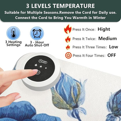 Heated Desk Pad Mouse Pad 31.5x13 Inch PU Leather Desk Mat with 3 Heat Levels Large Mouse Gaming Computer Laptop Mat Blue White Rose Flowers Butterfly