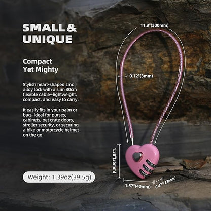 Small Cable Lock with Combination, Combo Lock with Code, Pink Cable Padlock for Luggage, Cabinet, Closet, French Fridge Door, Stroller, Bike Helmet, Pet Cage, Pool Gate, Outdoor Fence
