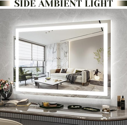 ROLOVE 32x 22 Inch Large Lighted Vanity Mirror with Dimmable 3 Modes, LED Makeup Mirror for Bathroom ＆ Dressing Room, Tabletop or Wall-Mounted, White