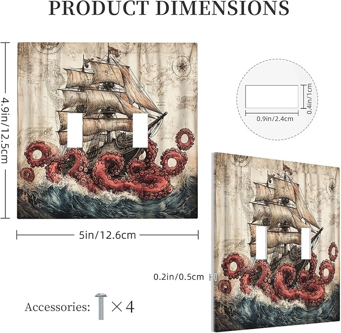 Decorative Switch Plates Vintage Octopus Ocean Sailboat Bizarre Adventure 2 Gang Double Toggle Wall Plate Outlet Light Switch Cover Electrical Faceplate for Bathroom Kids room Decor