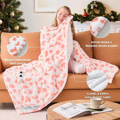 Pink Cow Print Heated Electric Blanket Throw,50X60 Heating Blanket with 10 Heats Levels & 8 Hours Auto Off,Cute Cow Decor Stuff Soft Fleece Sherpa Blankets Warmer Gifts for Women Washable
