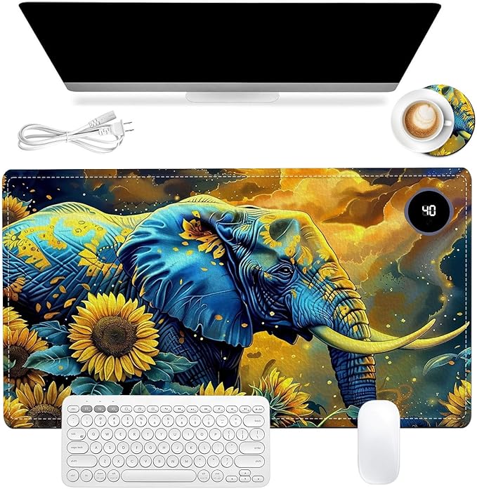 Heated Mouse Pad, Warm Desk Pad, Keyboard Mat 23.6 x 14 Inch Large Size Intelligent Fast Heating, 3 Speed Adjustable, Timed Auto Power Off for Game Office Home, Elephant in Sunflower Field