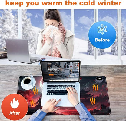 Heated Mouse Pad for Desk 31.5" x 13" – PU Leather Warm Desk Pad with 3 Heat Levels (104°F/113°F/122°F), Plug-in Electric Heating Mat with Auto Shut-Off, Waterproof & Rollable, Bloody Moonlight