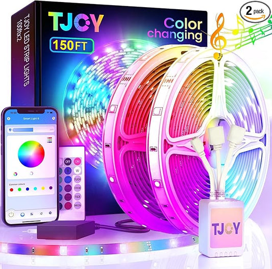 TJOY 150ft LED Strip Lights, Music Sync Tape Lighting, Bluetooth Long RGB Color Changing LED Lights for Bedroom with Remote,Smart Phone APP Control, Ceiling Living Room Decor (APP+Remote+Mic/2 Roll)