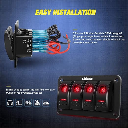 Nilight 4 Gang Rocker Switch Panel 5Pin On Off Toggle Aluminum Holder 12V 24V Dash Pre-Wired Red Backlit Switches for Automotive Cars Marine Boats RVs Truck
