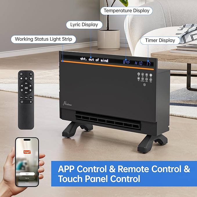 1800W Smart Electric Panel Space Heater with Bluetooth Speaker, Lyric Display & RGB Lights, 6-in-1Heater Fan, App/Voice/Remote/Touch Control, Wall-Mount or Freestanding, Works with Alexa