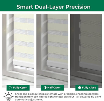 Allesin No Drill Motorized Zebra Blinds – Rechargeable Smart Dual Layer Shades with Cassette Cover, Ultra-Quiet Motor, Automatic Blind with Remote for Indoor Windows (Pearl White 36" W x 72" H)