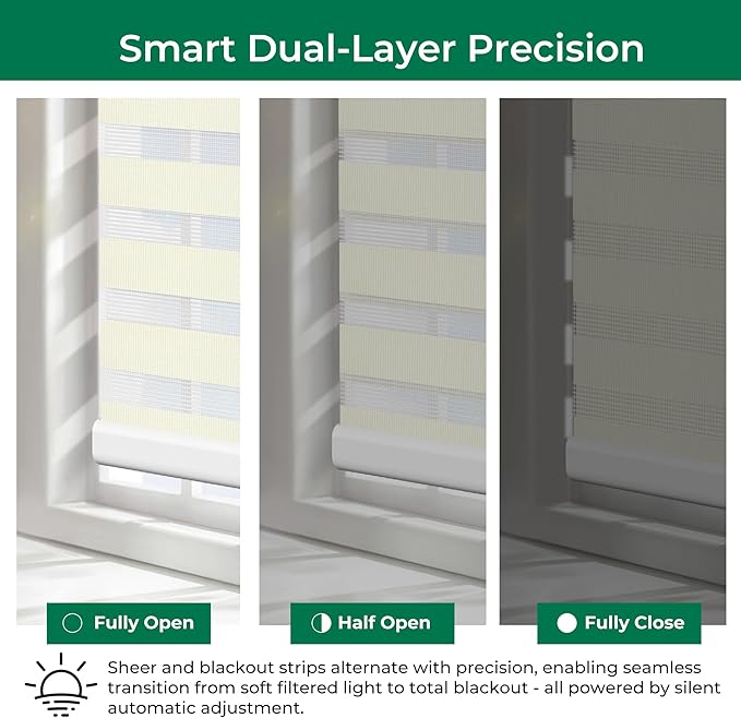 Allesin No Drill Motorized Zebra Blinds – Rechargeable Smart Dual Layer Shades with Cassette Cover, Ultra-Quiet Motor, Automatic Blind with Remote for Indoor Windows (Pearl White 32" W x 72" H)