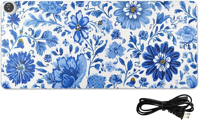 Heated Desk Pad Mouse Pad 31.5x13 Inch PU Leather Desk Mat with 3 Heat Levels Large Mouse Gaming Computer Laptop Mat Flower Blue and White Daisy Leaf