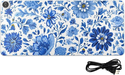 Heated Desk Pad Mouse Pad 31.5x13 Inch PU Leather Desk Mat with 3 Heat Levels Large Mouse Gaming Computer Laptop Mat Flower Blue and White Daisy Leaf