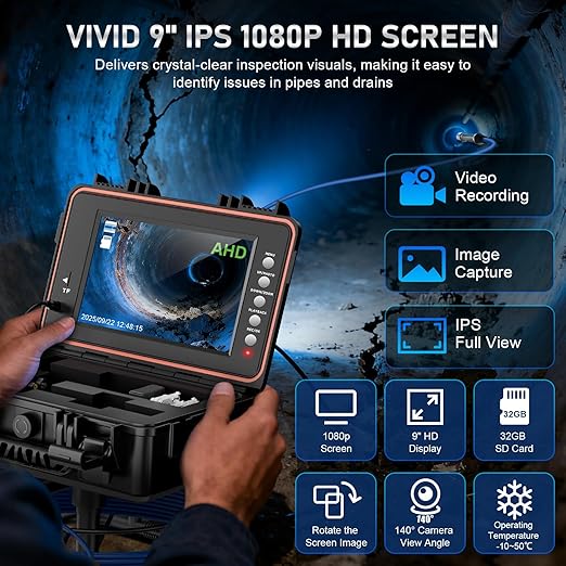 Sewer Camera, Self Leveling Drain Camera 100ft with Meter Counter, 9" HD Plumbing Cameras Snake with 12 LED Lights, 5100mAh Battery, IP68 & 32GB DVR Recorder, Duct Sewer Line Pipe Inspection