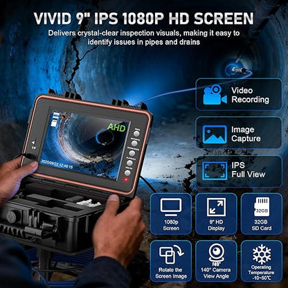 Sewer Camera, Self Leveling Drain Camera 100ft with Meter Counter, 9" HD Plumbing Cameras Snake with 12 LED Lights, 5100mAh Battery, IP68 & 32GB DVR Recorder, Duct Sewer Line Pipe Inspection