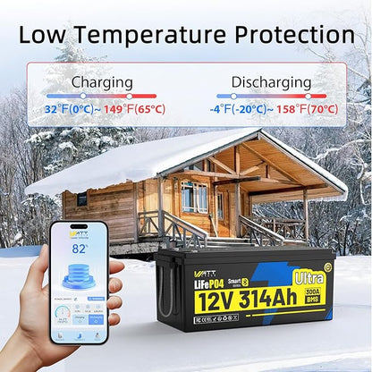 WattCycle 12V 314Ah Lithium Battery, LiFePO₄ Battery 12V 300A BMS, Lithium RV Batteries Built-in Bluetooth, IP65 Marine Batteries, Perfect for Home Energy Storage, RV, Marine, Solar, Off-Grid