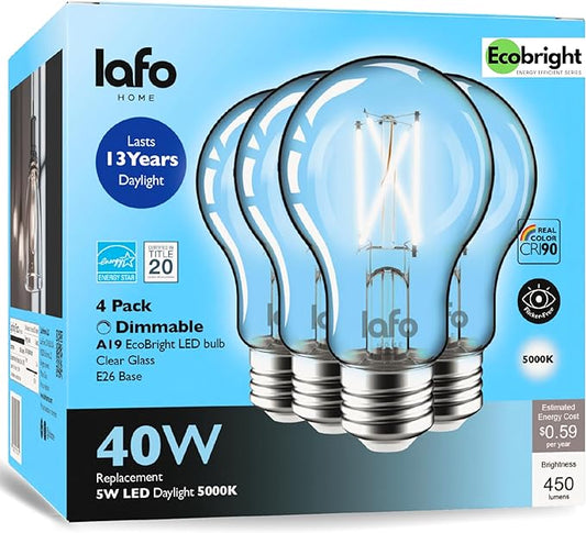 EcoBright 4PK Dimmable A19 LED Filament Bulb 40W Equivalent 5W E26 Base 450 Lumens CRI90 Flicker Free Clear Glass Energy Star Title 20 Daylight 5000K for Lamps Ceiling Fixtures and Indoor Use