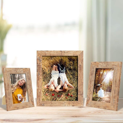 iRahmen 5x7 Picture Frame Set of 4, High Definition Real Glass Rustic Brown Frame, 5 x 7 Wood Photo Frames for Tabletop Display and Wall Mounting
