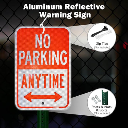 T&R (2 Pack) Large No Parking Anytime Sign, 18" x 12" Engineer Grade Reflective Sheeting, Rust Free Aluminum, Waterproof, Fade Resistant, 2 Pre-drilled Holes