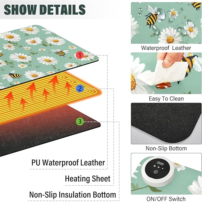 Heated Desk Pad Mouse Pad 31.5x13 Inch PU Leather Desk Mat with 3 Heat Levels Large Mouse Gaming Computer Laptop Mat Mint Green Daisy Flowers and Bees