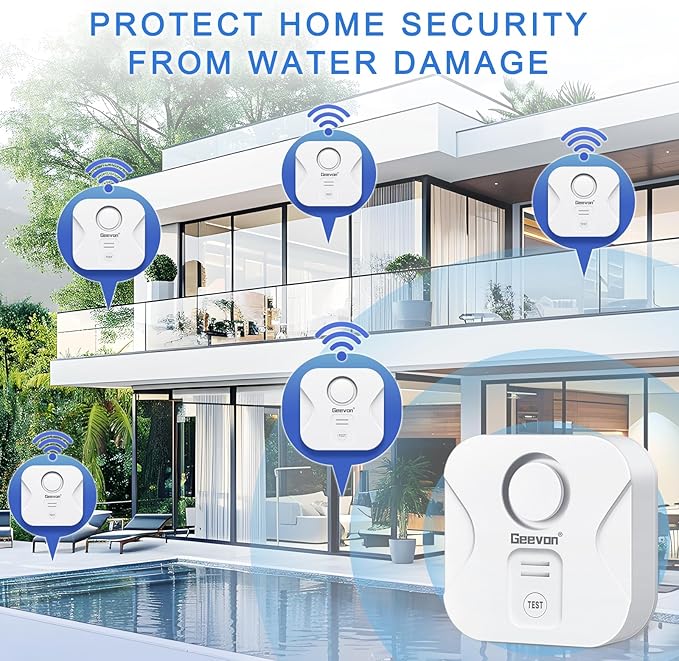 Geevon 2 Pack Water Leak Detectors for Home, 100dB Loud Water Alarm Sensor Leak Detection with Drip Alert for Basements, Laundry Rooms, Kitchen, IP56 Waterproof(Battery Included)