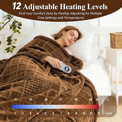 Heated Blanket Electric,Waffle Heating Blanket with 12 Heat Levels, Fast Heating Blanket with 1-12 Timer Settings, Overheat Protection with ETL & FCC for Home Office Sofa-50"x60"