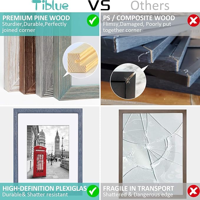 Tiblue 11x14 Picture Frame, Distressed Rustic Blue Solid Wood, 2 Packs with 4 Mats, 8.5”x10.5”/7.5”x9.5” Opening, HD Plexiglass, Wall Mount & Tabletop, Unisex Adult