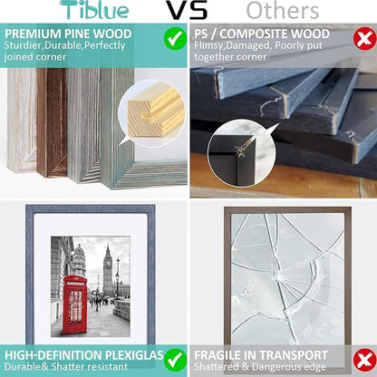 Tiblue 11x14 Picture Frame, Distressed Rustic Blue Solid Wood, 2 Packs with 4 Mats, 8.5”x10.5”/7.5”x9.5” Opening, HD Plexiglass, Wall Mount & Tabletop, Unisex Adult