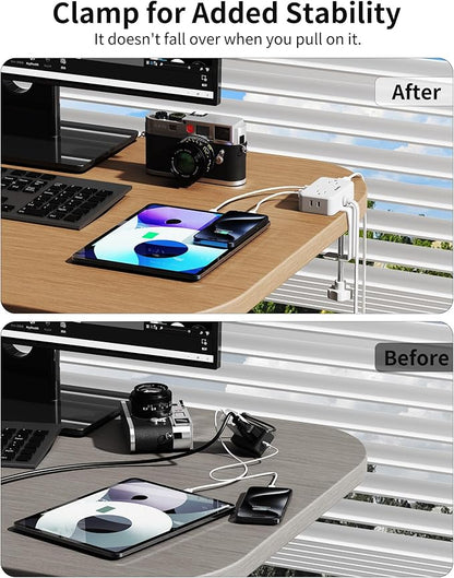 Desk Clamp Power Strip, Desktop Mount Charging Station with 4 Outlets 4 USB Ports (2 USB C), 10Ft Under Desk Power Strip, Fits 2.75" Tabletop Edge, Extension Cord for Home Office, White