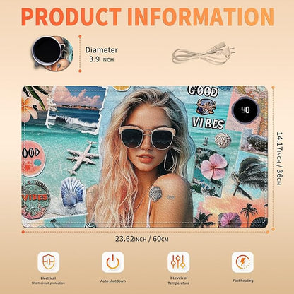 Heated Mouse Pad 23.6 x 14 in 3-Temp Fast Heating Desk Mat with Auto Timer Warmer for Hands Wrist Pain Relief Waterproof Keyboard Mat for Office, Gaming, Home, Beach Vibes Beauty