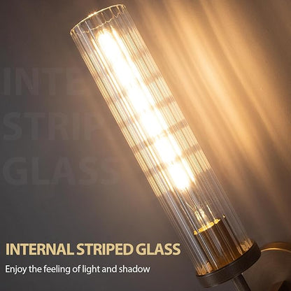19.5" Knurled Brass Wall Sconces Set of 2, Bronze Bathroom Vanity Light Fixtures with Vertical Striped Glass Tube, Modern Lamp Lighting for Bedroom, Living Room, Hallway, Staircase, Mirror, Kitchen