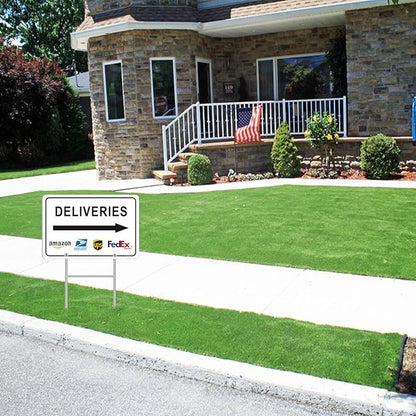 Deliveries Sign with Stake 12”x8” Delivery Sign with Arrow Right Aluminum Metal Delivery Instruction for Packages Easy Installation for Home