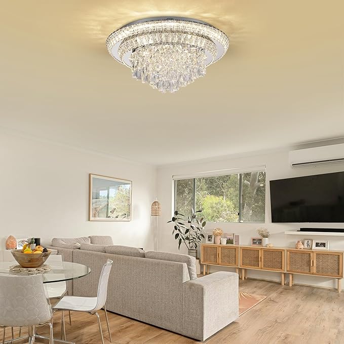 COCOSTAR 24 inch Flush Mount Crystal Chandeliers with Remote and APP, Modern Elegant LED Crystal Raindrop Ceiling Light Fixture, 3CCT Dimmable, for Living Room Kitchen Island Bedroom Entryway Foyer